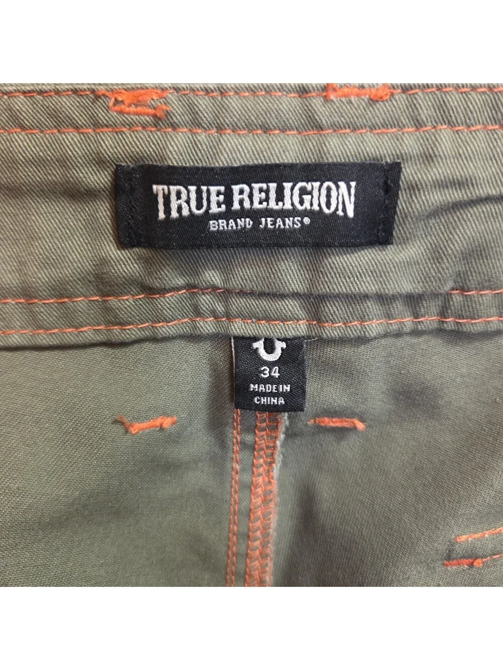 True Religion Brand Jeans Olive Green w/ Orange Contrast Cargo Pants Size 34x32
